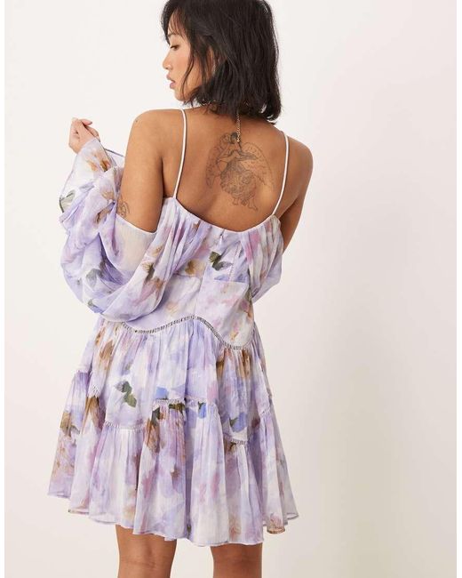 ASOS Purple Asos Design Petite Draped Off Shoulder Tiered Mini Dress With Lace Inserts