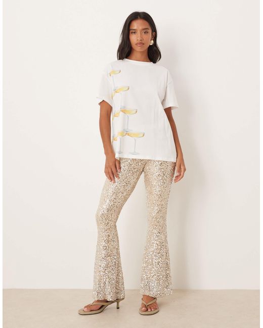 Never Fully Dressed Natural Petite Sequin Flared Trouser Co-ord