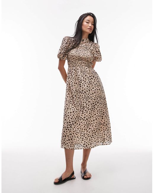 & Other Stories Gray Puff Sleeves Midi Dress With Shirred Bodice