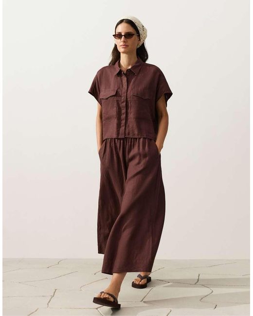 Oysho Brown 100% Linen Super Wide-Leg Cropped Trousers
