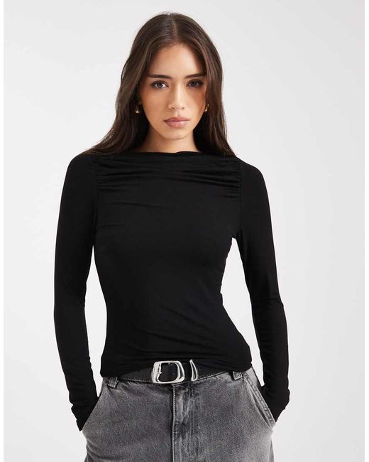Miss Selfridge Black Ruched Slash Neck Top