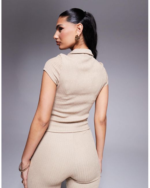 ASOS Natural Co-ord Textured Hook And Eye Short Sleeve Top