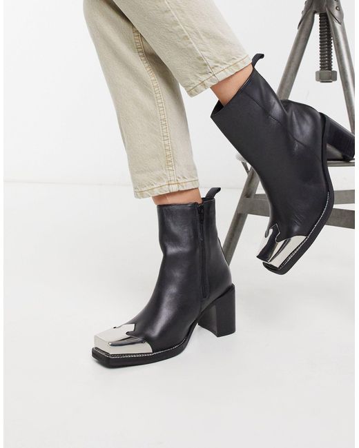 TOPSHOP Black Heeled Western Boots With Metal Toe Cap