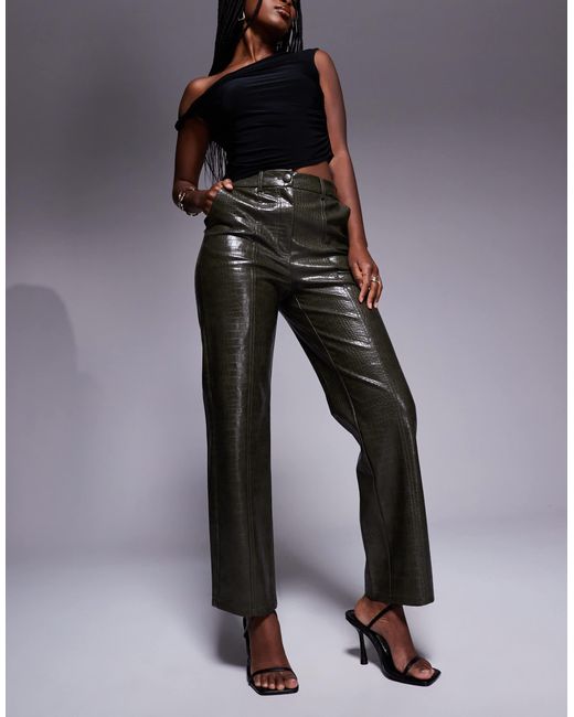 River Island Black Faux Leather Croc Cropped Trouser