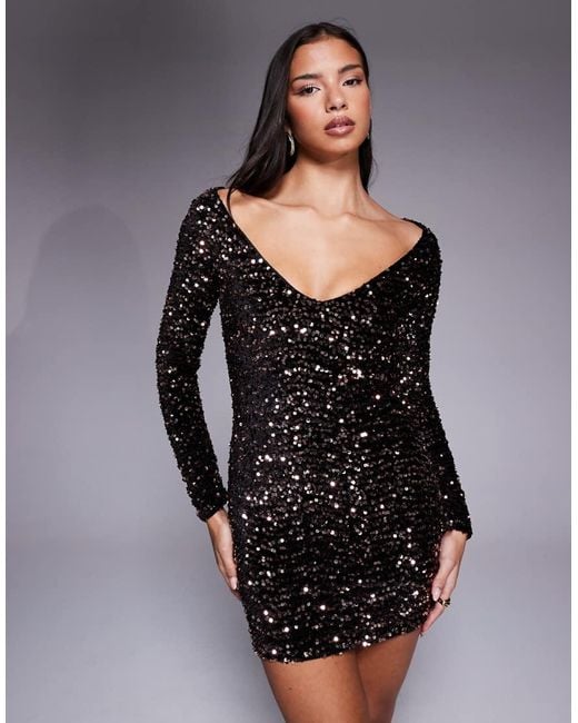 ASOS Black Velvet Sequin Wide Neck Mini Dress With Ruched Sleeve Detail