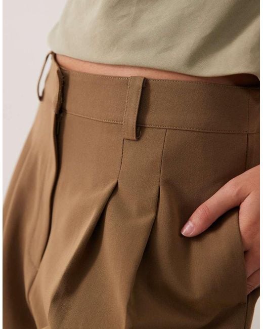 ASOS Natural Tailored Wide Leg Pants With Turn Up Hem