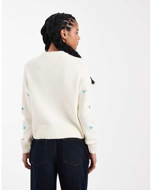 Threadbare White Contrast Stitch Cardigan With All Over Floral Embroidery