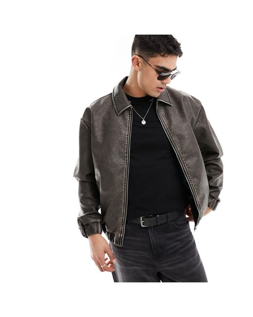 ASOS Black Oversized Distressed Faux Leather Bomber Jacket for men
