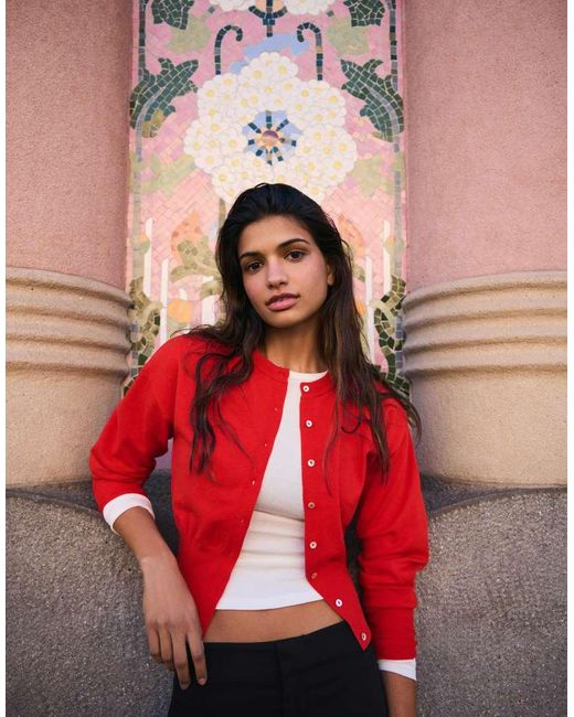 Bershka Red Round Neck Button-up Cardigan