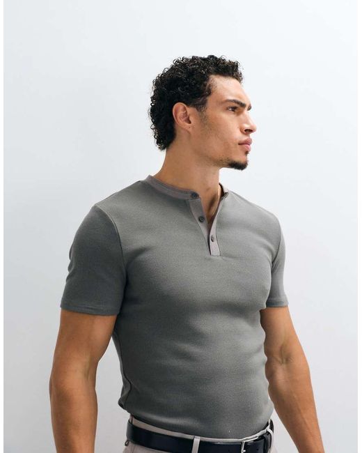 ASOS Gray Muscle Fit T-shirt With Henley Neck for men