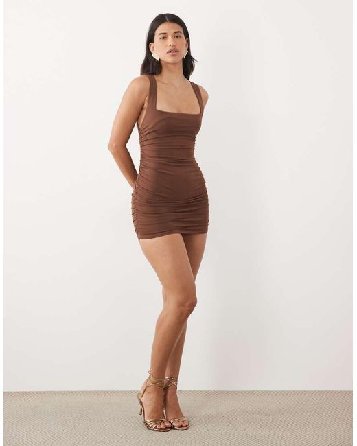 Oh Polly Brown Modal Square Neck Ruched Bodycon Mini Dress