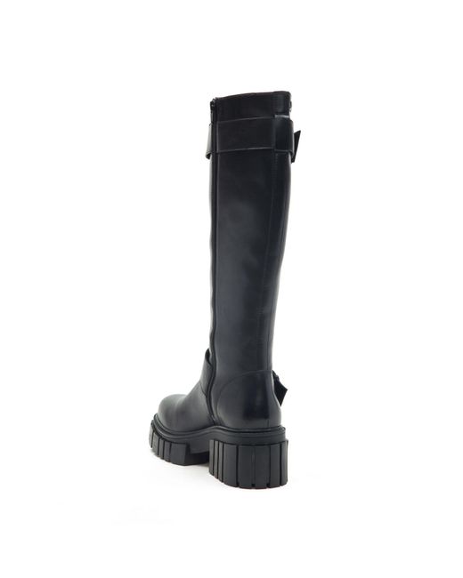 OFF THE HOOK Black Finchley High Leg Buckle Strap Leather Zip Biker Boots