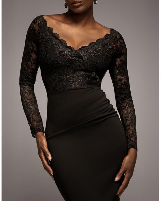 Goddiva Black Scalloped Lace Bodice Long Sleeve Bardot Maxi Dress