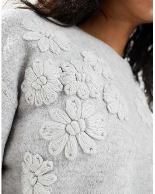 Brave Soul Gray Crew Neck Jumper With Flower Embroider Detail