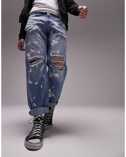 Topman Blue Rip And Bleach Relaxed Jeans for men