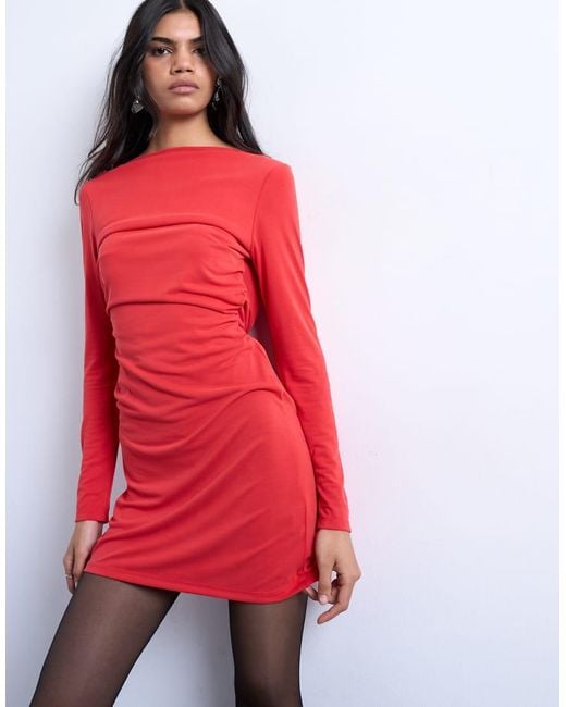 TOPSHOP Red Cupro Long Sleeve Cowl Back Mini Dress