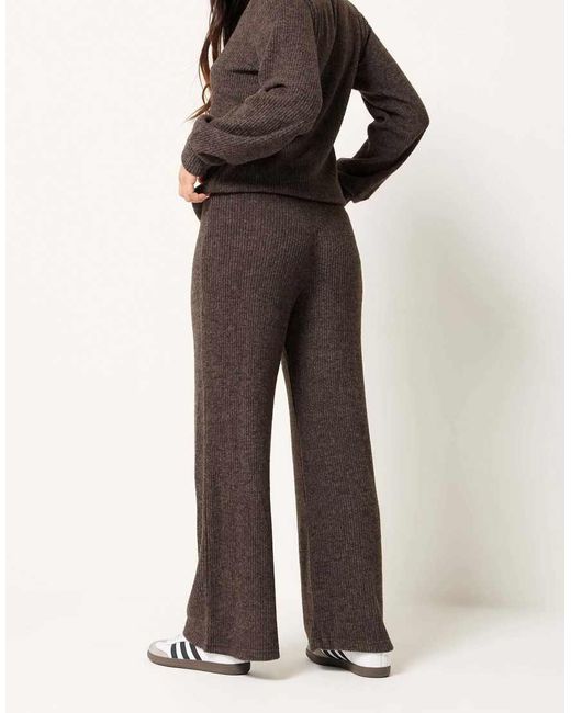 PixieGirl Brown Petite Ribbed Soft Touch Wide Leg Trousers