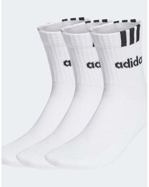 Adidas Originals White 3-Stripes Linear Half-Crew Cushioned Socks 3 Pairs