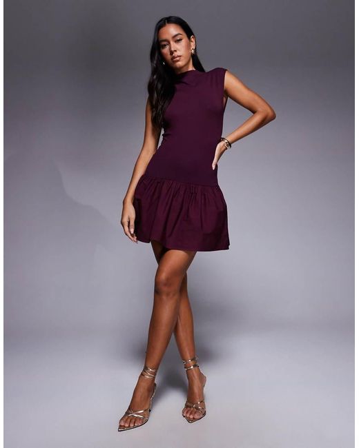 ASOS Purple Grown On Neck Mini Dress With Poplin Mix Skirt