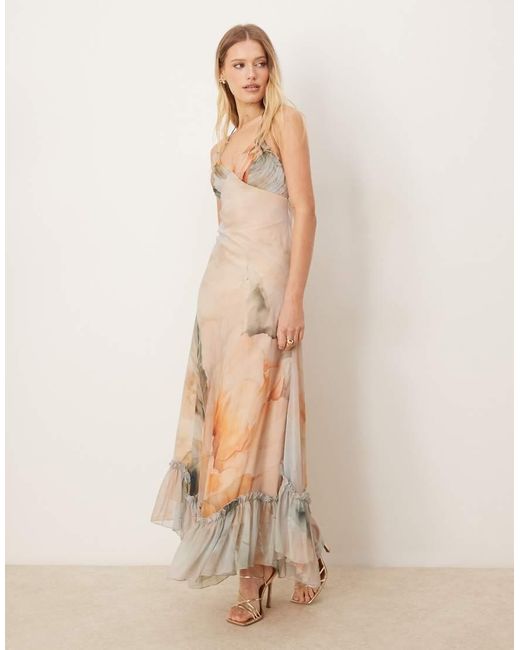ASOS Maxi Cami Jurk Met Geplooide Buste, Zoom Met Ruches En Abstracte Bloemenprint in het Natural
