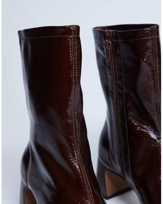 TOPSHOP Brown Sara Premium Leather Square Toe Flared Heel Boot