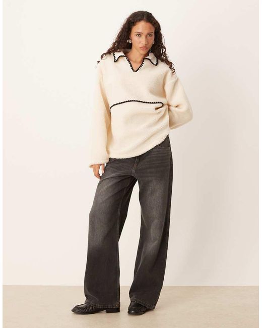 ASOS Natural Borg Fleece Pullover Sweat With Blanket Stitch Detail