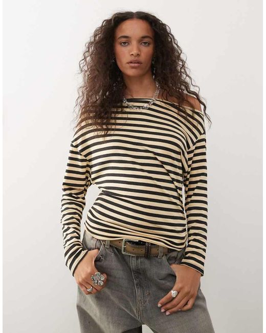 Collusion Brown Off Shoulder Stripe Long Sleeve T-Shirt