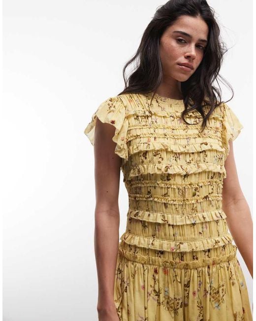 AllSaints Yellow Lauren Sleeveless Ruched Ruffle Floral Mini Dress