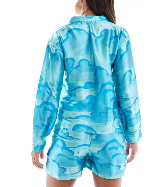 Luna Blue Cloud Print Long Sleeve Satin Revere Pyjama Set