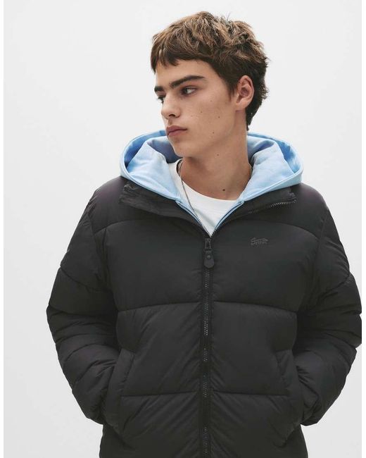 Pull&Bear Blue Stwd Hooded Puffer Jacket for men