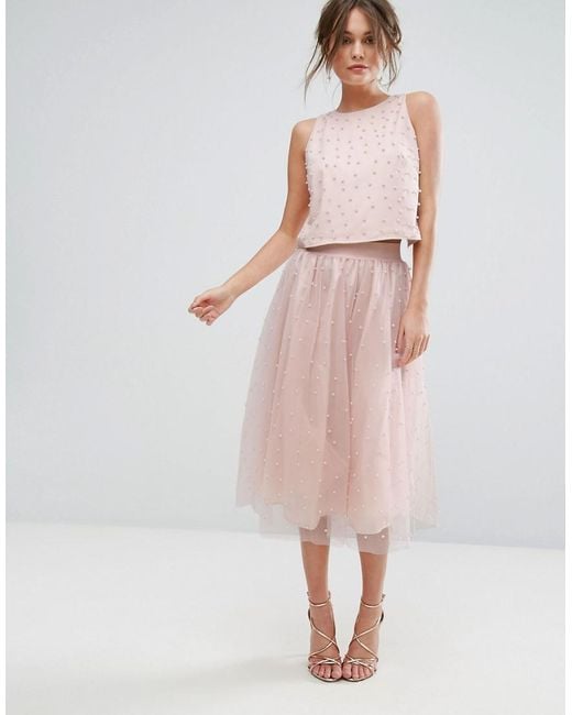 Little Mistress Pink Faux Pearl Embellished Tulle Midi Skirt