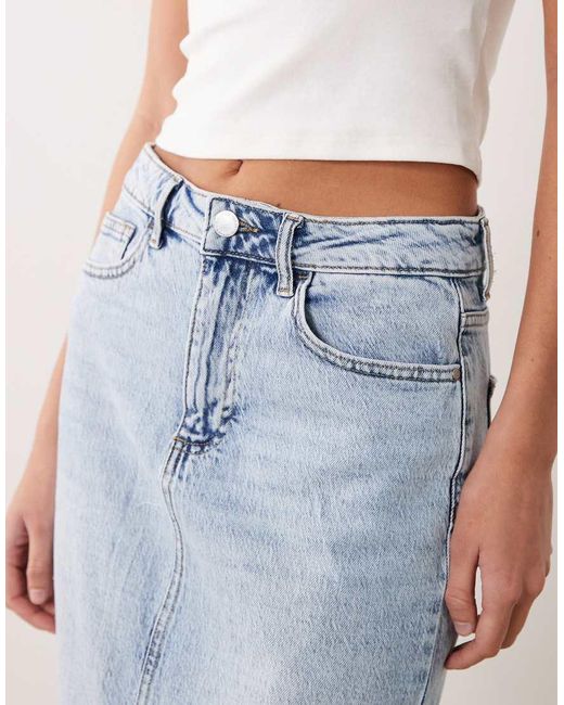 Vila Blue High Waisted Denim Front Split Midi Skirt