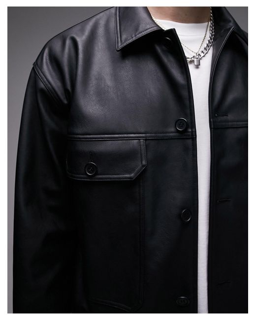 Topman Black Faux Leather Western Jacket for men