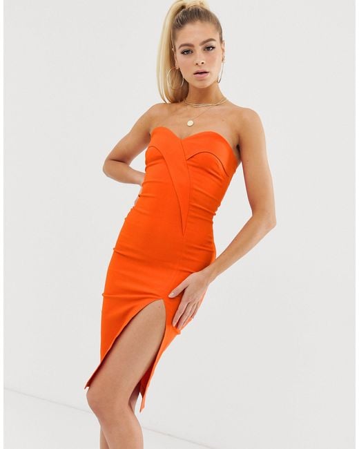 vesper bandeau midi dress with thigh split in stone