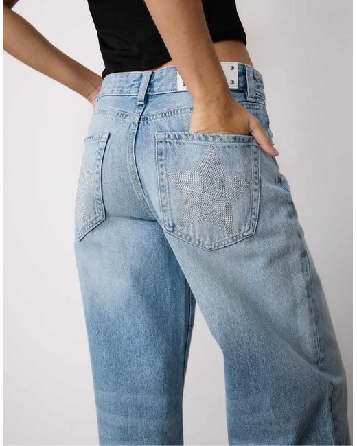 Stradivarius Blue Low-rise Wide-leg Jeans With Star Detail