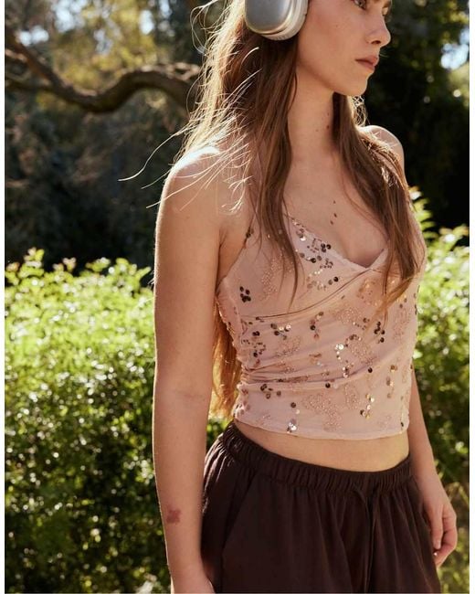Stradivarius Pink Embroidered Sequin Halter Top