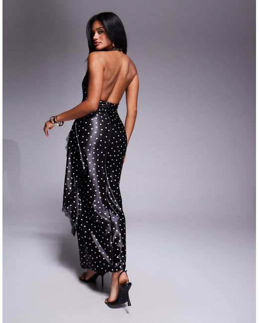 ASOS Blue Printed Satin Draped Maxi Dress With Lace Detail