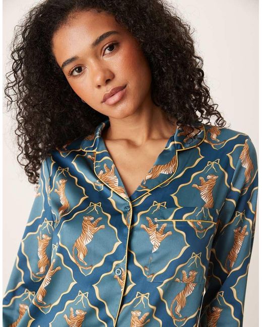 Chelsea Peers Blue Satin Long Sleeve Revere Pyjama Set