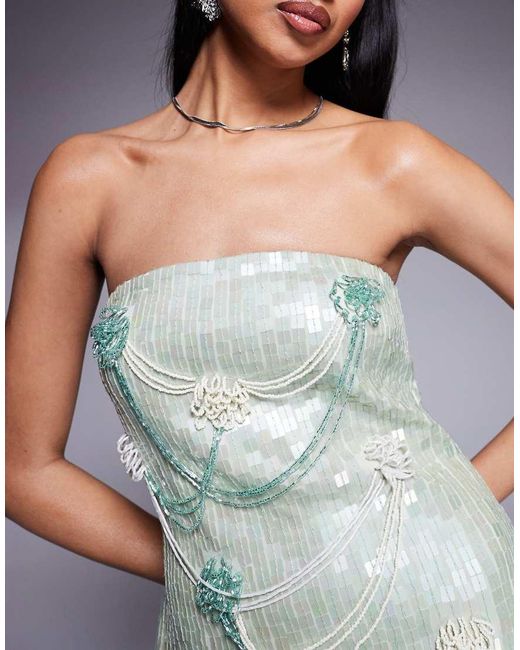 Vestido Corto Verde Pistacho Con Escote Palabra De Honor Y Diseño De Abalorios Ondulado Con Detalles Drapeados De ASOS de color Gray