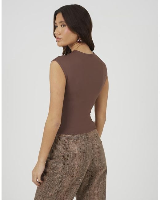 Brave Soul Brown Round Neck Sleeveless Top With Ruching