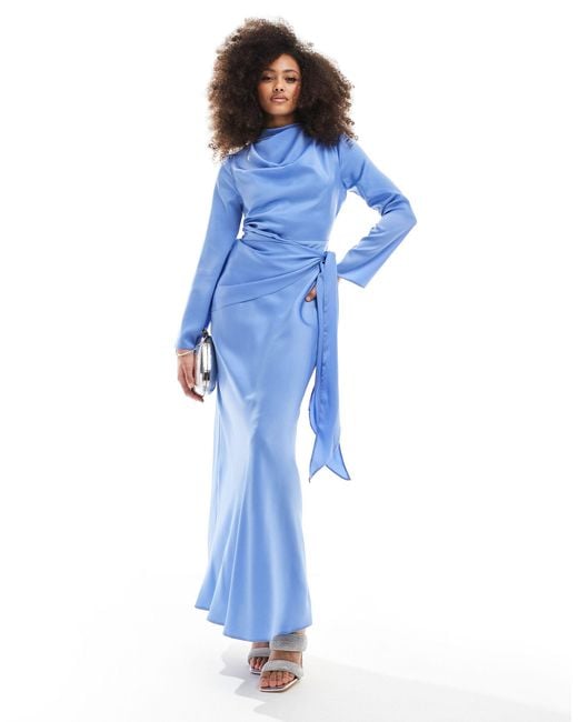 ASOS Blue Satin Long Sleeve Maxi Dress With Tie Waist Overlay Detail