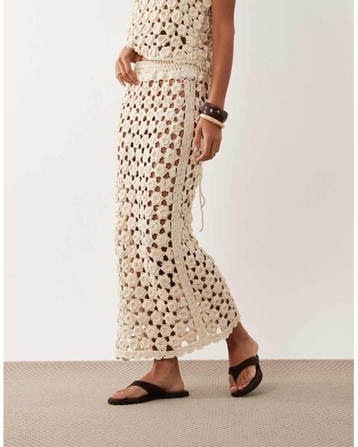 ASOS Natural Premium Hand Crochet Floral Midi Skirt Co-ord