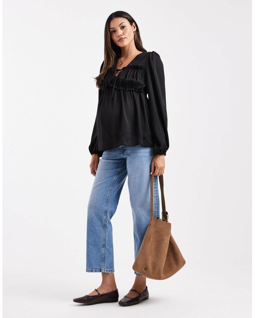 ASOS Black Asos Design Maternity Tie Front Blouse With Ruched Detail