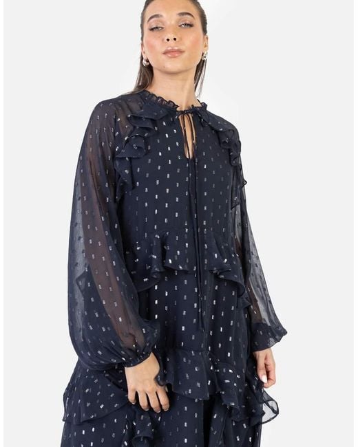 ANAYA Blue Foil Chiffon Long Sleeve High Neck Ruffled Maxi Dress