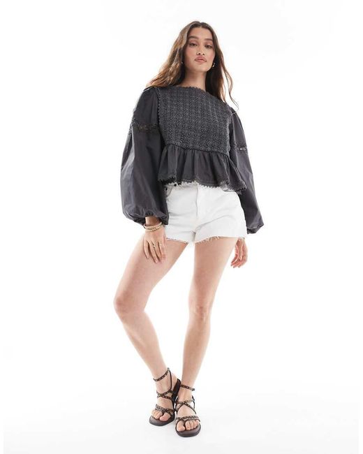 ASOS Black Lace Insert Bib Detail Long Sleeve Top