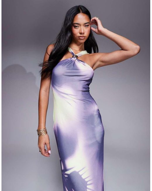 ASOS Purple Trimmed Halter Neck Maxi Dress With Twisted Back Detail