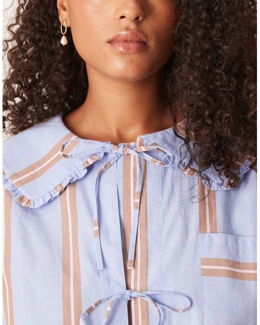 ASOS Blue Asos Design Curve Bow Tie Up Shirt & Wide Leg Pants Pajama Set