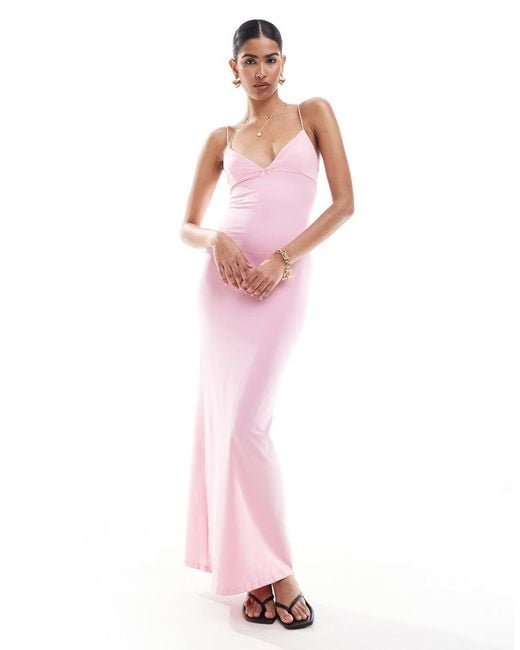 Bershka Thin Strap Bow Detail Bodycon Maxi Dress in Pink | Lyst UK