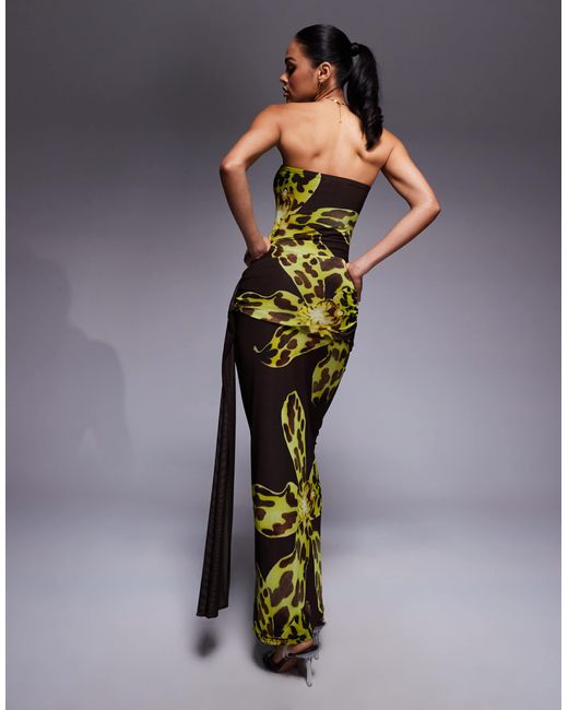 Kaiia Multicolor Exclusive Double Layered Slinky Mesh Bandeau Tie Side Drape Detail Maxi Dress