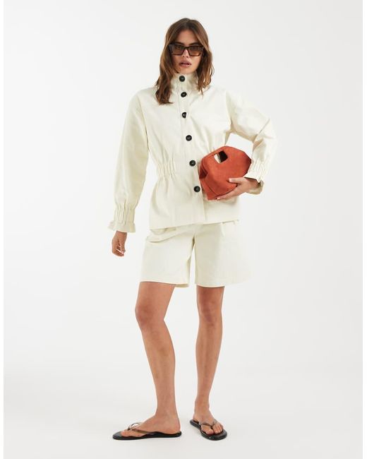 4th & Reckless Natural Cotton Funnel Neck Button Through Shirred Waist Detail Waist Jacket Co-ord
